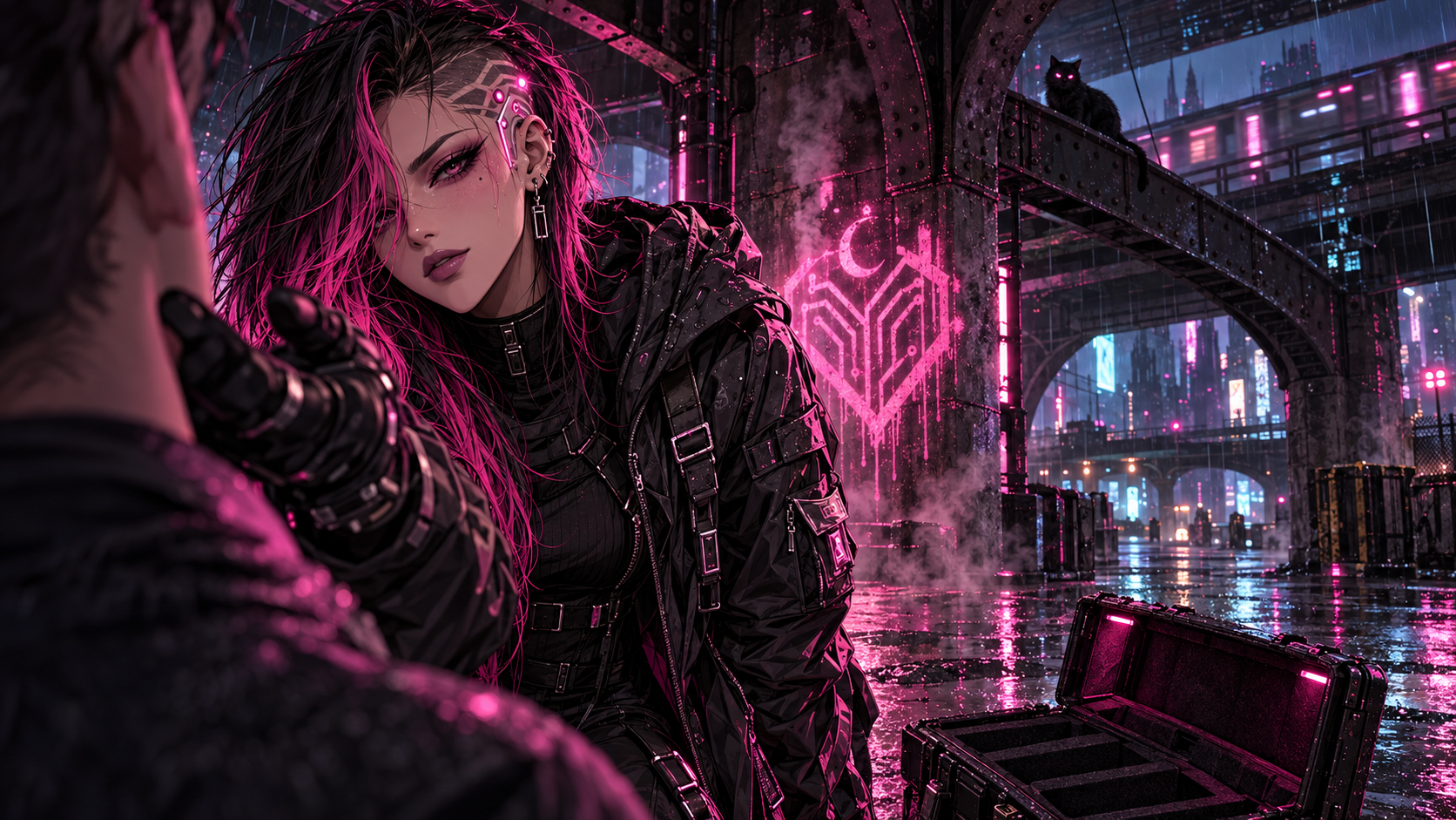 Nyx Vanta reaches toward the viewer beneath a rain-soaked steel bridge; her empty case lies open and Dealer watches from above