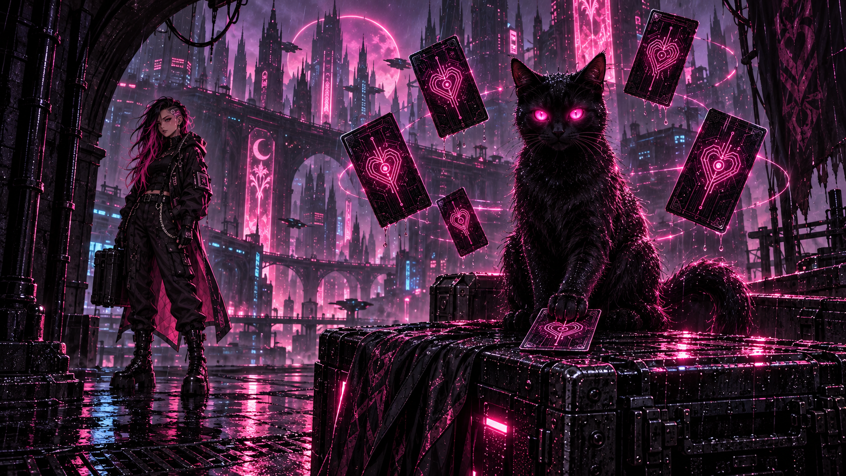 Dealer controls floating circuit-heart memory cards from a wet transport case while Nyx watches from the city background